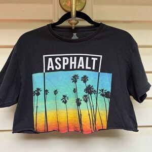Asphalt black short sleeved cropped t-shirt, printed green palm trees, S